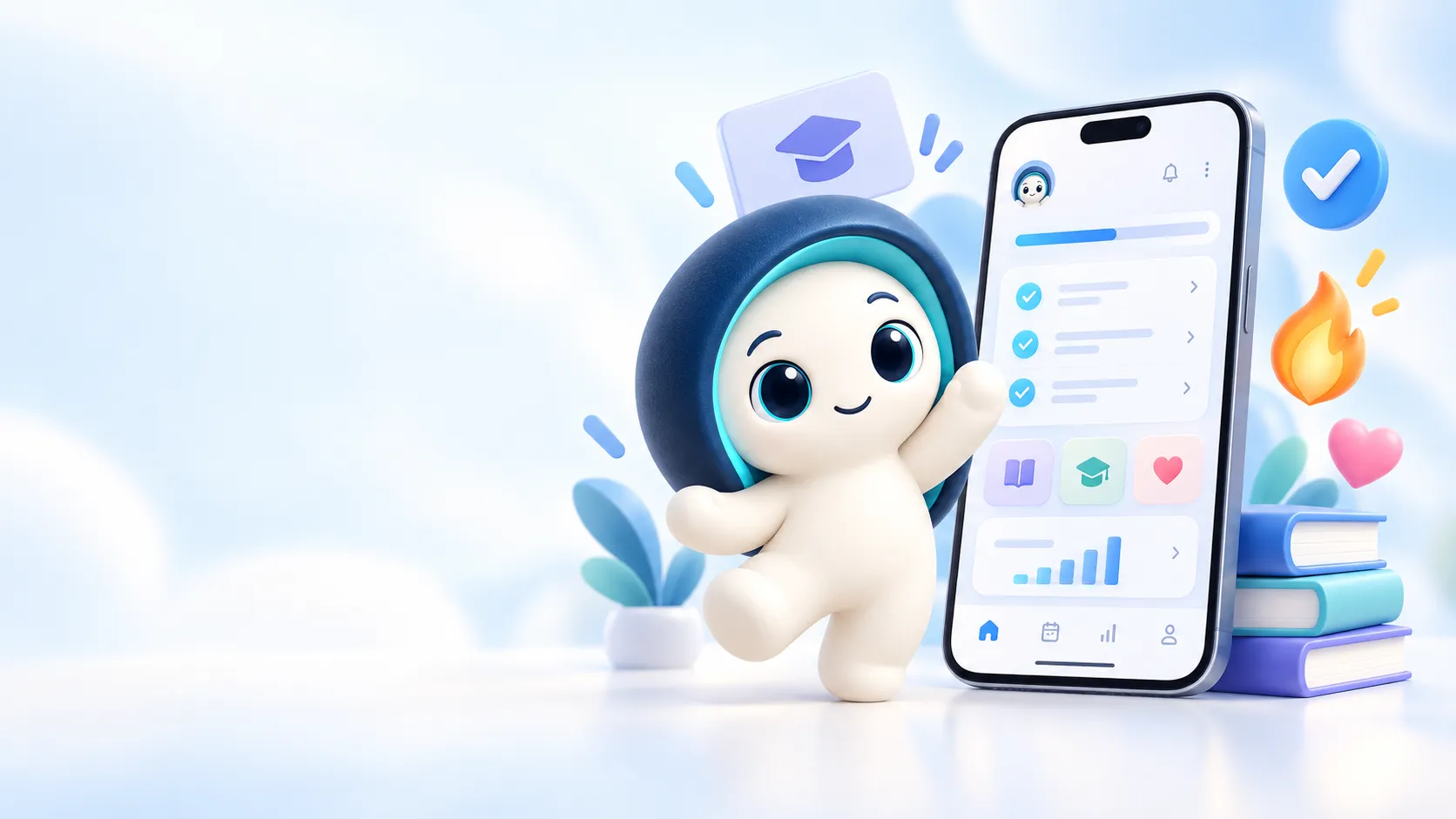 Tamy, la mascotte, entourée de ses outils de révision