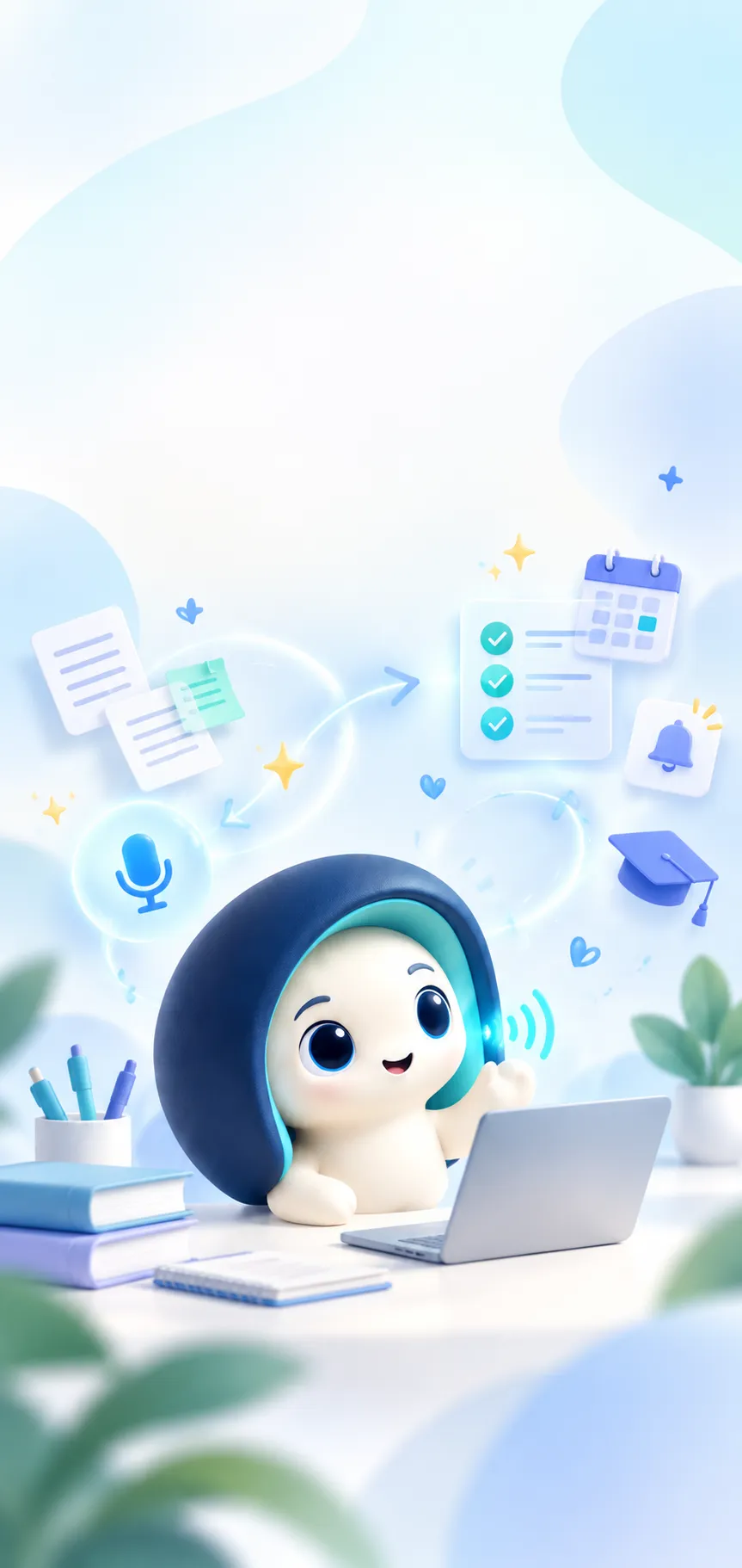 Tamy the mascot surrounded by study tools